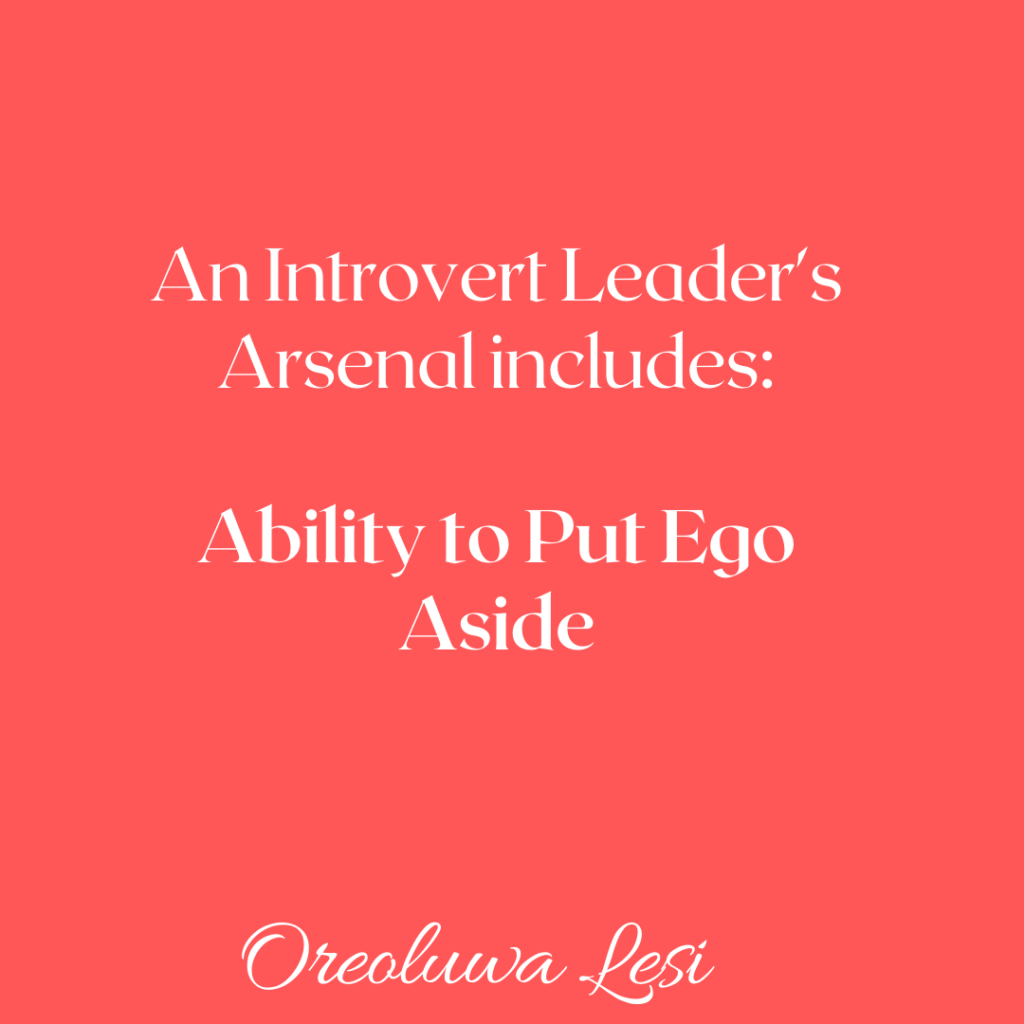 Postcards that says: An Introvert Leader’s Arsenal includes: Ability to Put Ego Aside