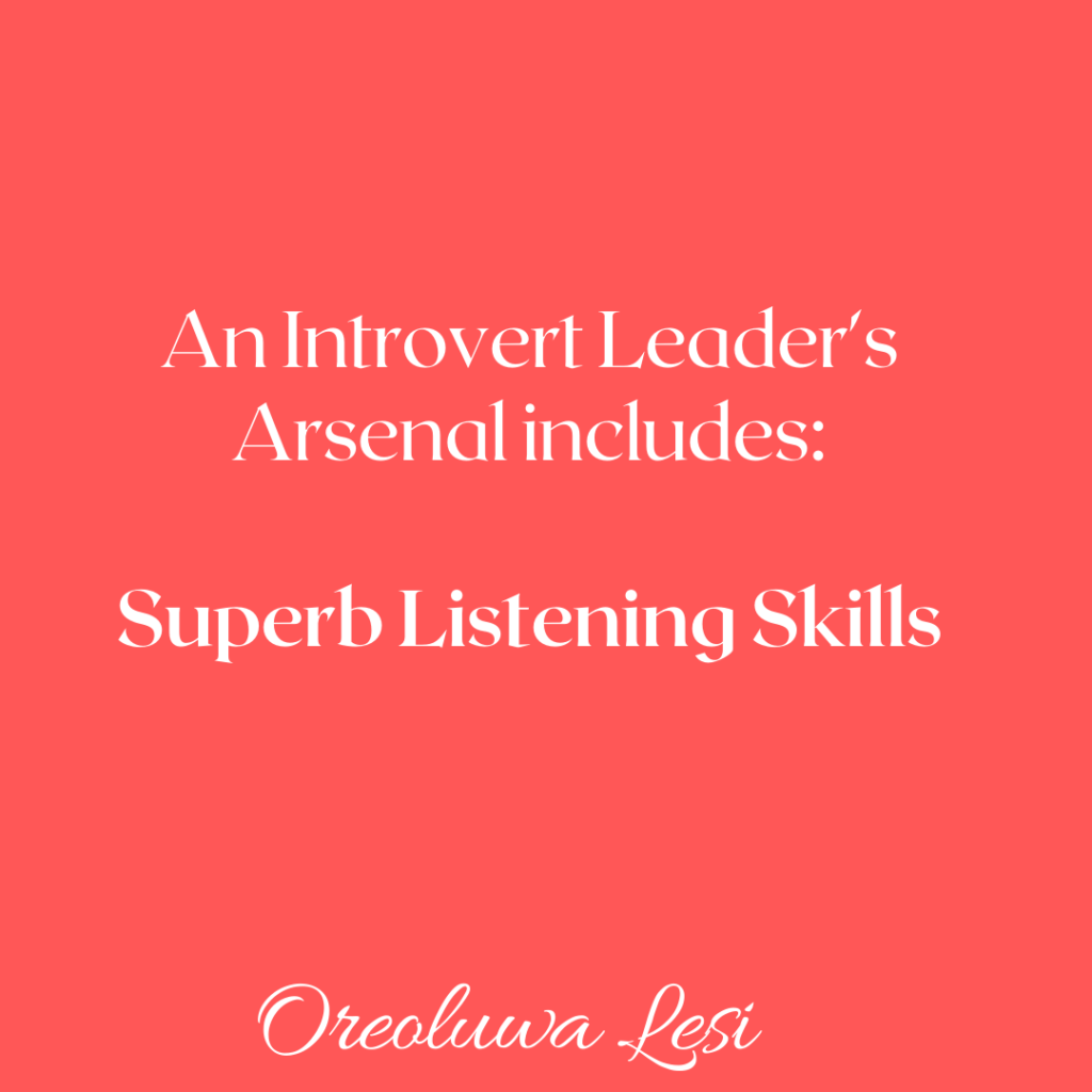 Postcard that says: An Introvert Leader’s Arsenal includes: Superb Listening Skills